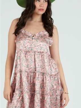 Lucca Floral Pink Tiered Midi Dress with Ruffle Trim, size M